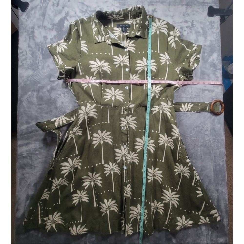 Tahari Olive Green Palm-Print Midi Shirt Dress with Belt - Picture 2 of 6